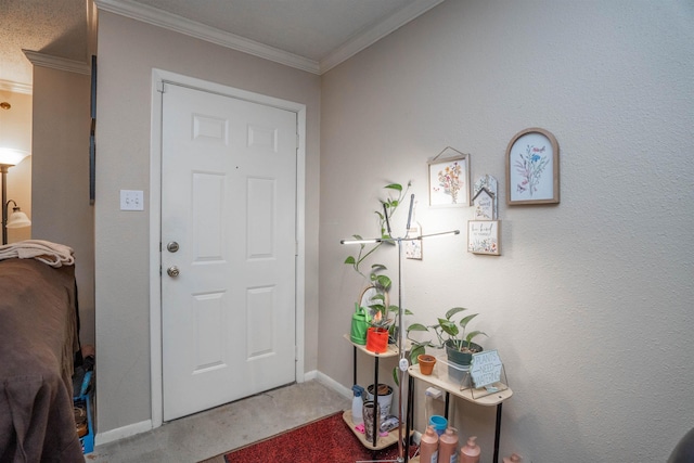 entryway featuring crown molding and carpet flooring