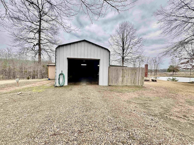 garage featuring a water view