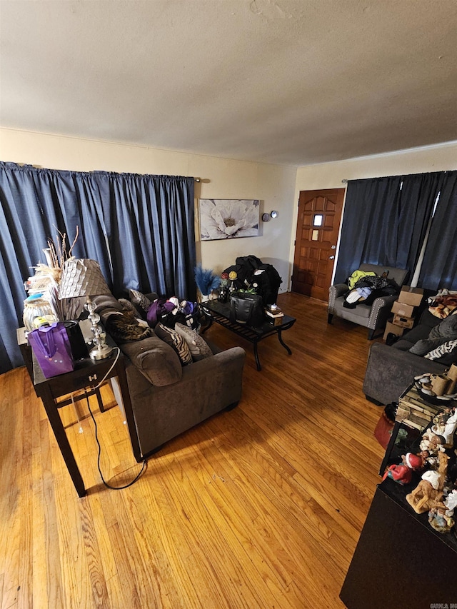 living room featuring hardwood / wood-style floors and a textured ceiling