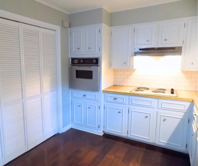 kitchen featuring white cabinetry, dark hardwood / wood-style flooring, white appliances, and tasteful backsplash