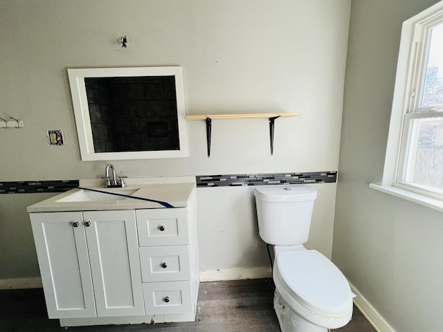 bathroom featuring vanity, wood-type flooring, and toilet