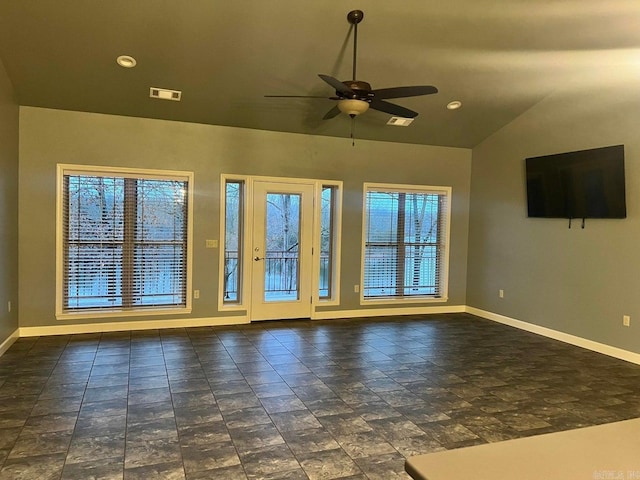 unfurnished living room with lofted ceiling and ceiling fan