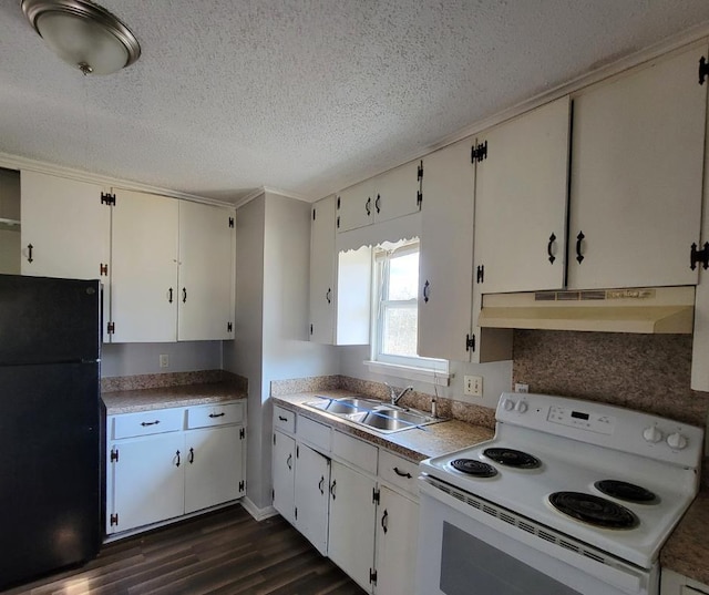 kitchen with sink, white cabinets, black fridge, dark hardwood / wood-style flooring, and white electric stove