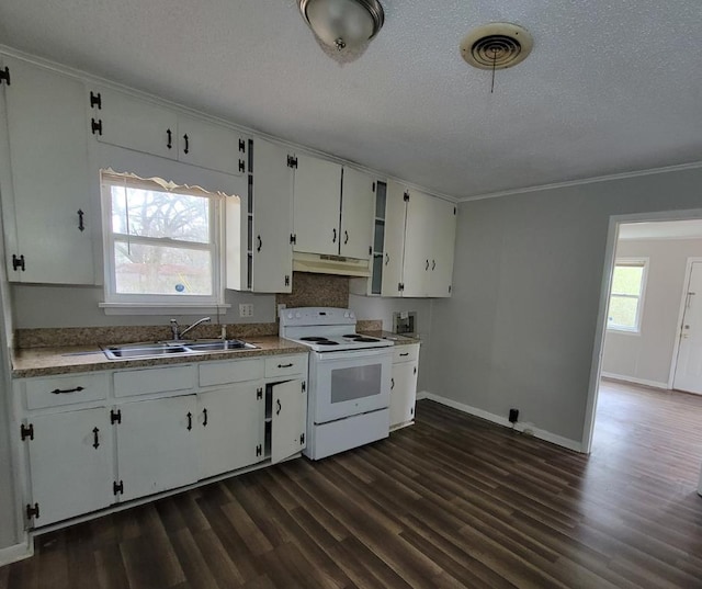 kitchen featuring sink, crown molding, dark hardwood / wood-style floors, white cabinets, and white electric stove