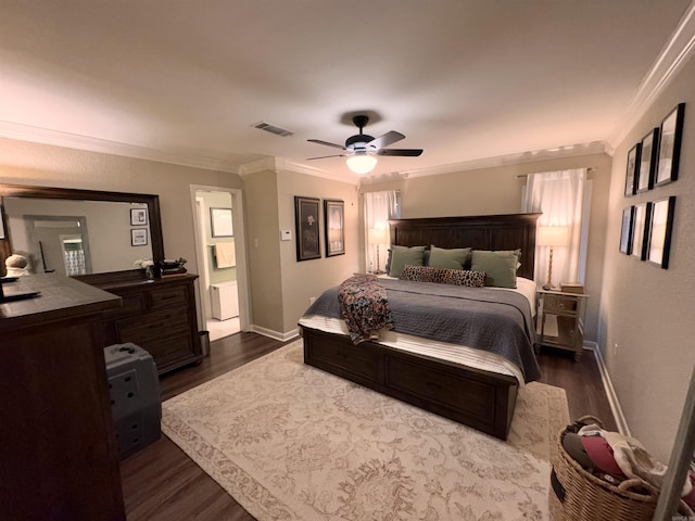 bedroom with crown molding, ceiling fan, and dark hardwood / wood-style flooring