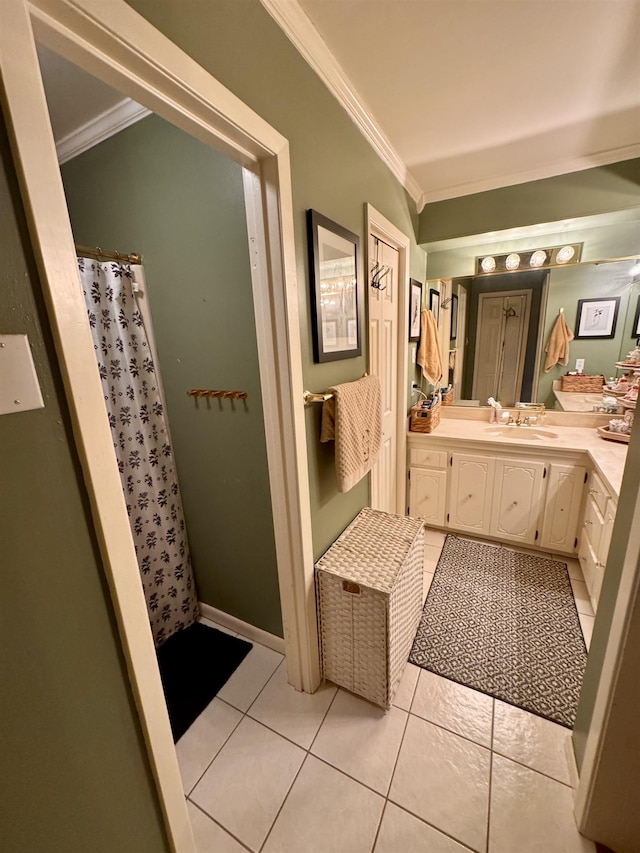 bathroom with crown molding, tile patterned floors, vanity, and a shower with shower curtain