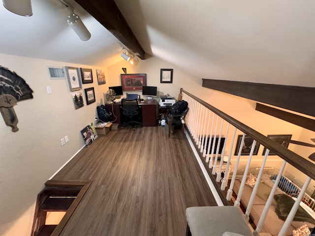 office with hardwood / wood-style floors and lofted ceiling with beams