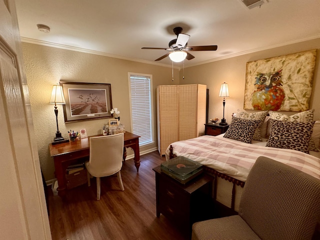 bedroom featuring crown molding, ceiling fan, and dark hardwood / wood-style floors