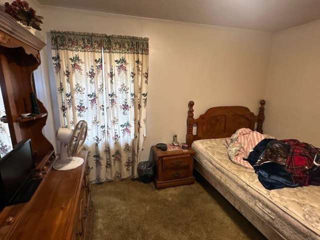 bedroom featuring crown molding and dark colored carpet