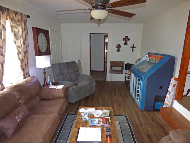 living room with ceiling fan and dark hardwood / wood-style flooring