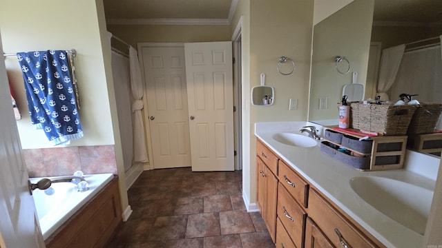 bathroom with vanity, a washtub, and ornamental molding