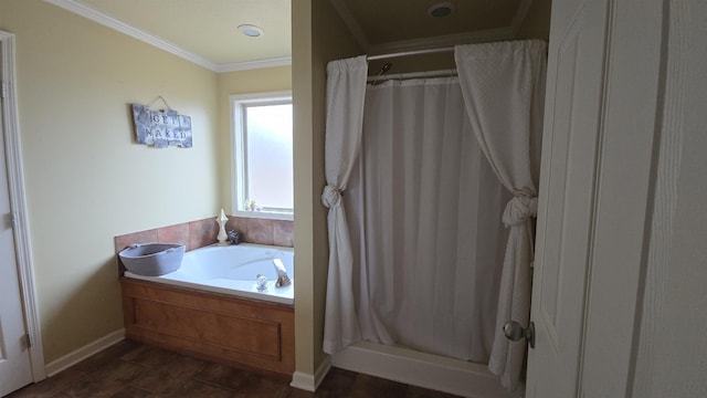 bathroom with independent shower and bath and ornamental molding