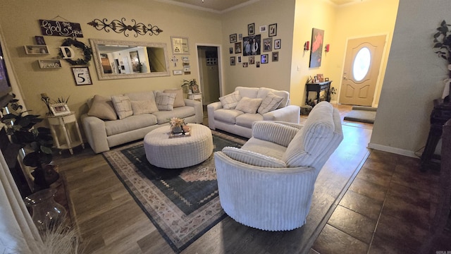 living room with ornamental molding and dark hardwood / wood-style floors