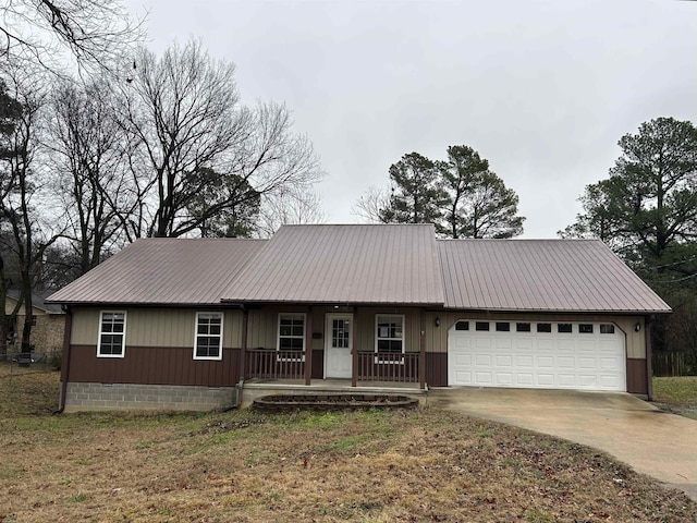ranch-style house with a porch, a garage, and a front lawn