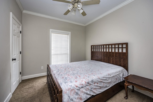 bedroom with ornamental molding, carpet flooring, and ceiling fan