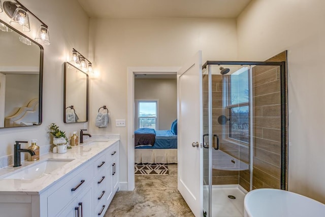 bathroom featuring walk in shower and vanity