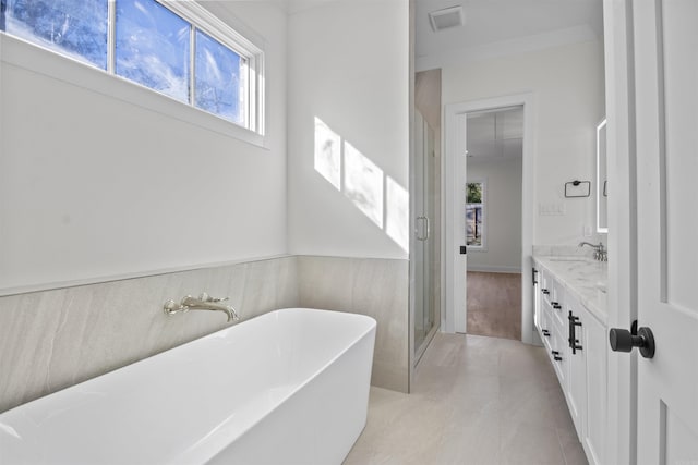 full bathroom featuring double vanity, a soaking tub, visible vents, a stall shower, and a sink