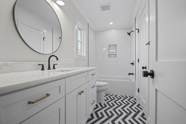 full bathroom with shower / bathtub combination, recessed lighting, visible vents, toilet, and vanity