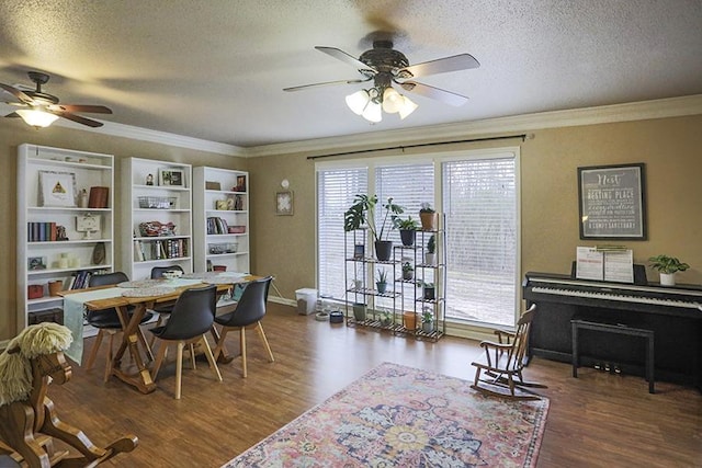 home office featuring crown molding, plenty of natural light, dark hardwood / wood-style floors, and a textured ceiling