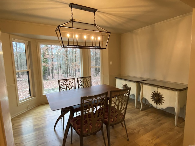 dining room featuring ornamental molding and light wood-type flooring