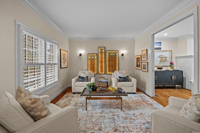 living room with hardwood / wood-style flooring and crown molding