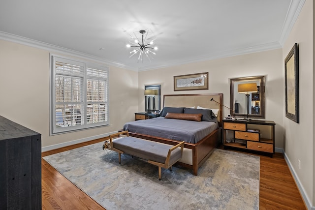 bedroom featuring a notable chandelier, dark wood-type flooring, and ornamental molding