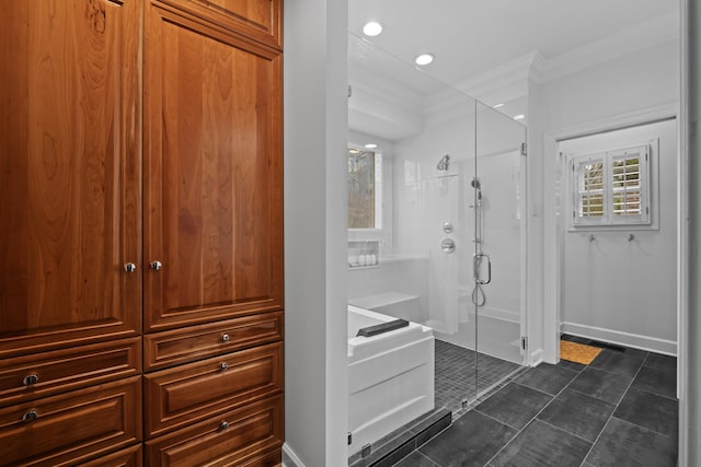 bathroom with ornamental molding, a shower with shower door, and tile patterned flooring