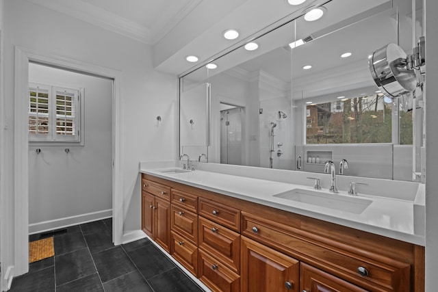 bathroom featuring ornamental molding, vanity, tile patterned floors, and walk in shower