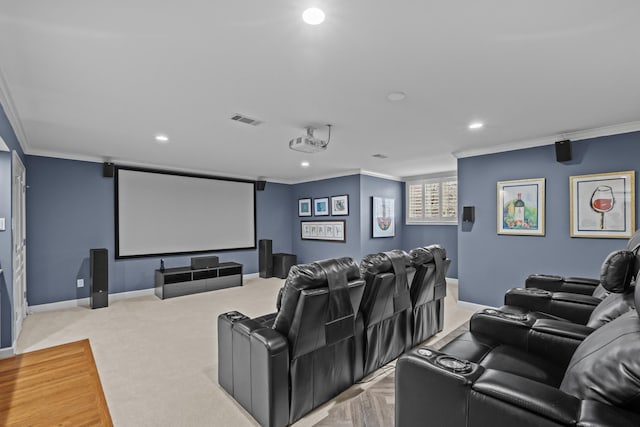 cinema room featuring crown molding