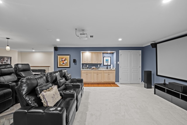 home theater room with crown molding, sink, and light carpet