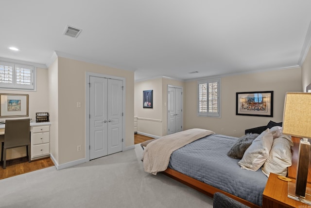 carpeted bedroom with multiple windows, crown molding, and two closets