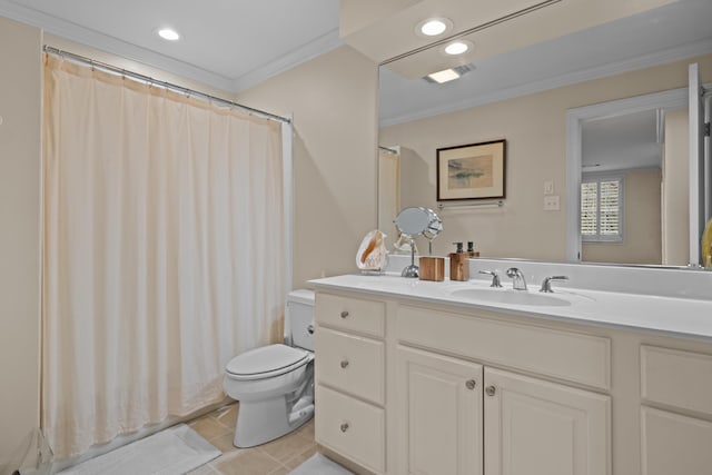 bathroom featuring tile patterned floors, ornamental molding, toilet, and vanity