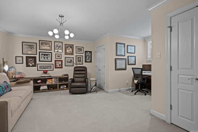 carpeted office space featuring ornamental molding and a notable chandelier