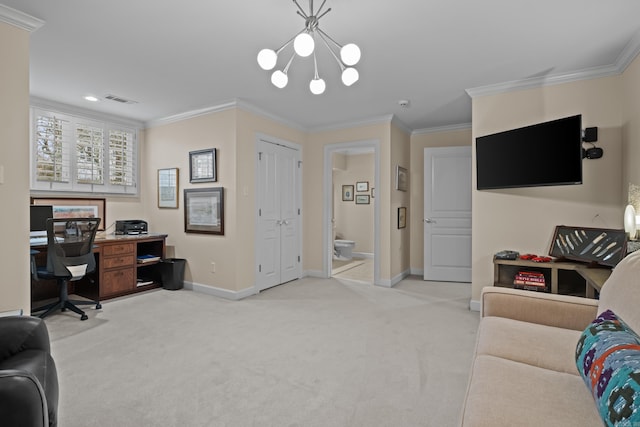 carpeted office space with ornamental molding and a chandelier