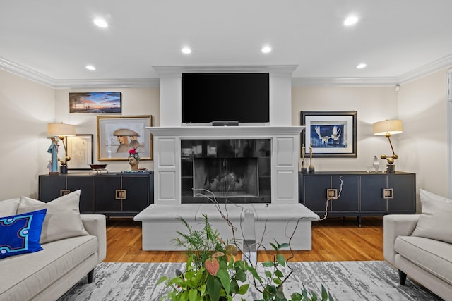 living room with a fireplace, ornamental molding, and light wood-type flooring