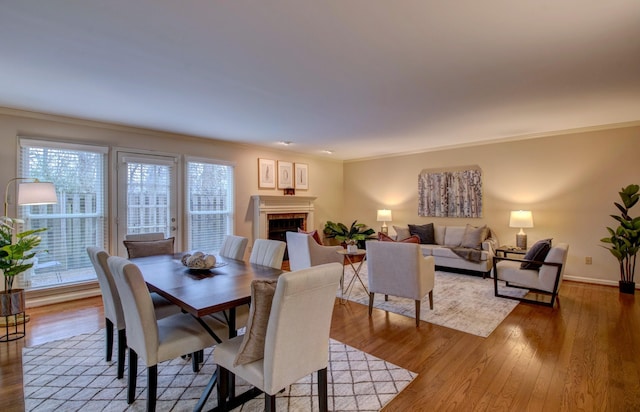 dining room with wood-type flooring and crown molding