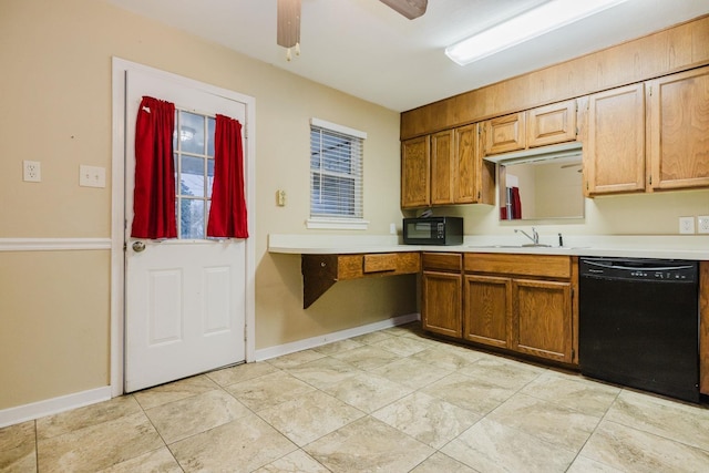 kitchen featuring light tile patterned flooring, ceiling fan, sink, and black appliances