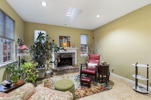 living room featuring a brick fireplace and a skylight