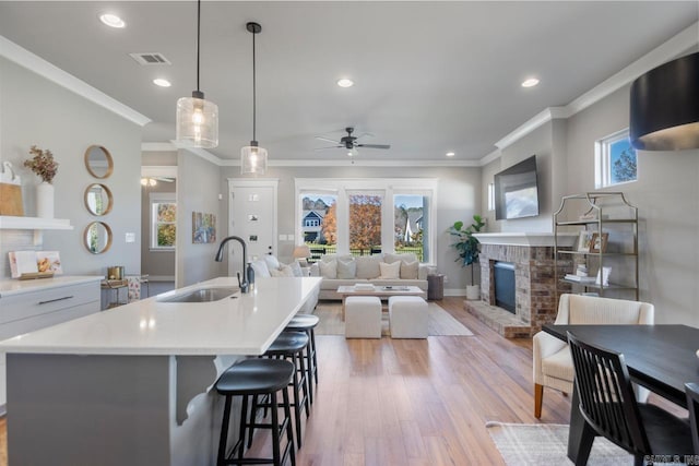 kitchen with sink, hanging light fixtures, light wood-type flooring, ornamental molding, and a fireplace