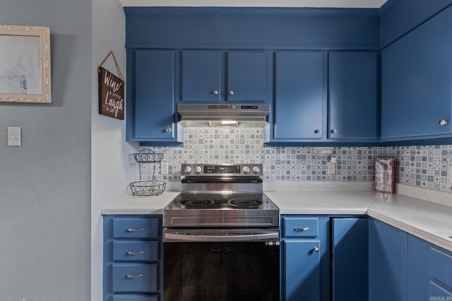 kitchen featuring blue cabinetry, stainless steel electric stove, and decorative backsplash