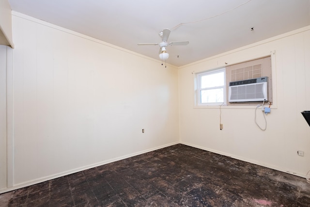 empty room featuring ceiling fan, ornamental molding, and a wall mounted AC