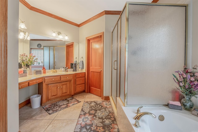 bathroom featuring vanity, crown molding, tile patterned floors, and separate shower and tub