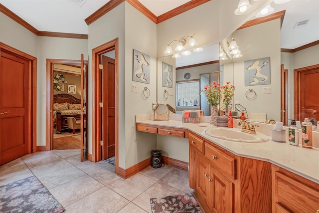 bathroom with tile patterned flooring, vanity, and ornamental molding