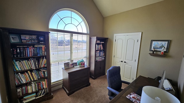 office area with lofted ceiling and carpet flooring