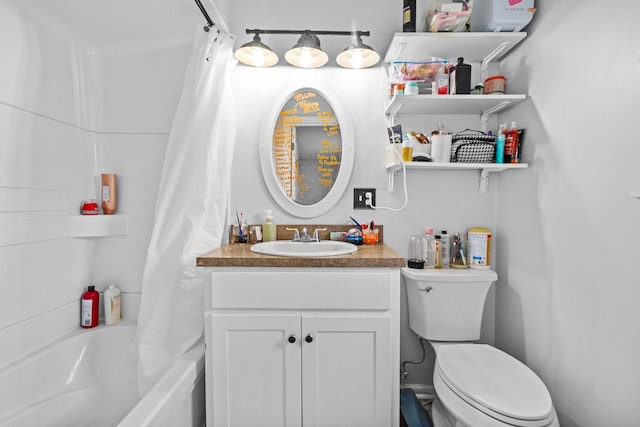 full bathroom featuring vanity, shower / bathtub combination with curtain, and toilet