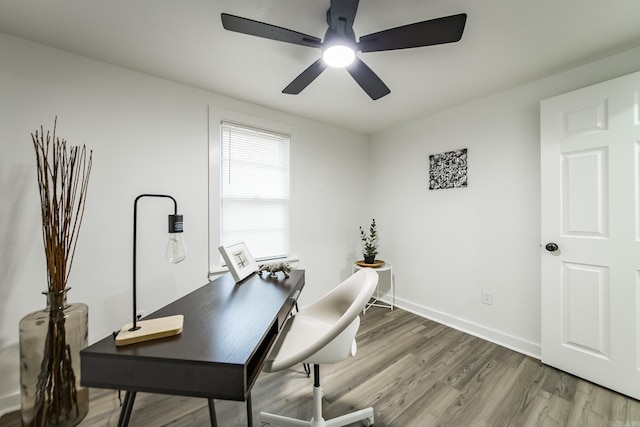 office with hardwood / wood-style flooring and ceiling fan