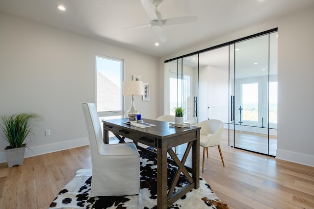 dining room with light hardwood / wood-style floors and ceiling fan