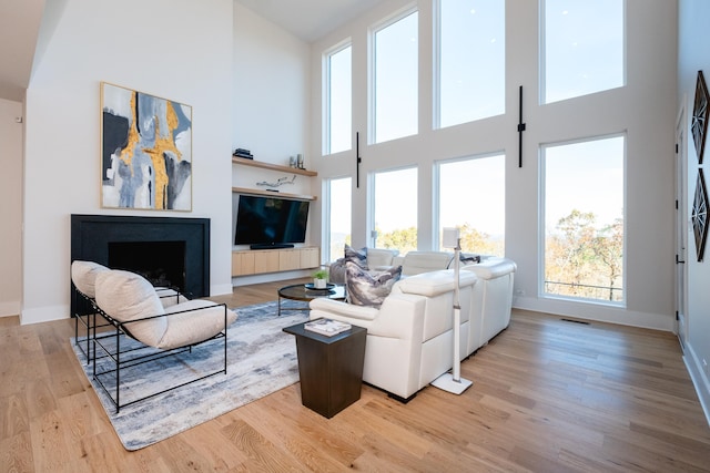 living room with light hardwood / wood-style flooring and a high ceiling