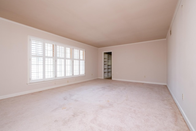 empty room with light carpet and crown molding