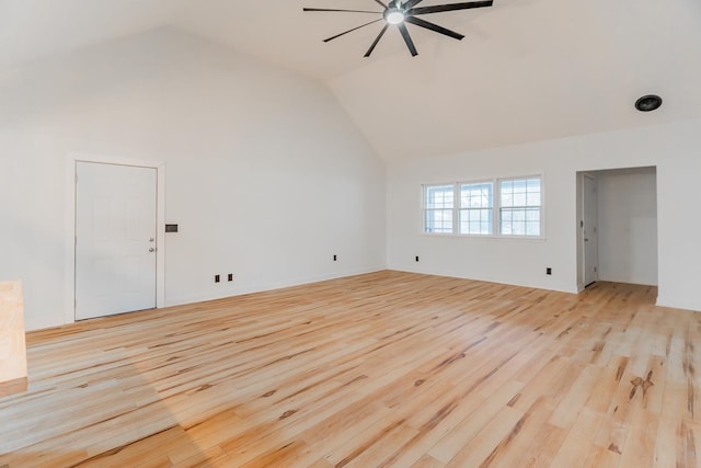 unfurnished living room featuring ceiling fan, high vaulted ceiling, and light hardwood / wood-style flooring